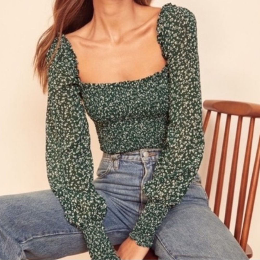 Abercrombie and Fitch AF Green White Polka Dot Long Sleeve Smocked Blouse Small - Picture 14 of 14